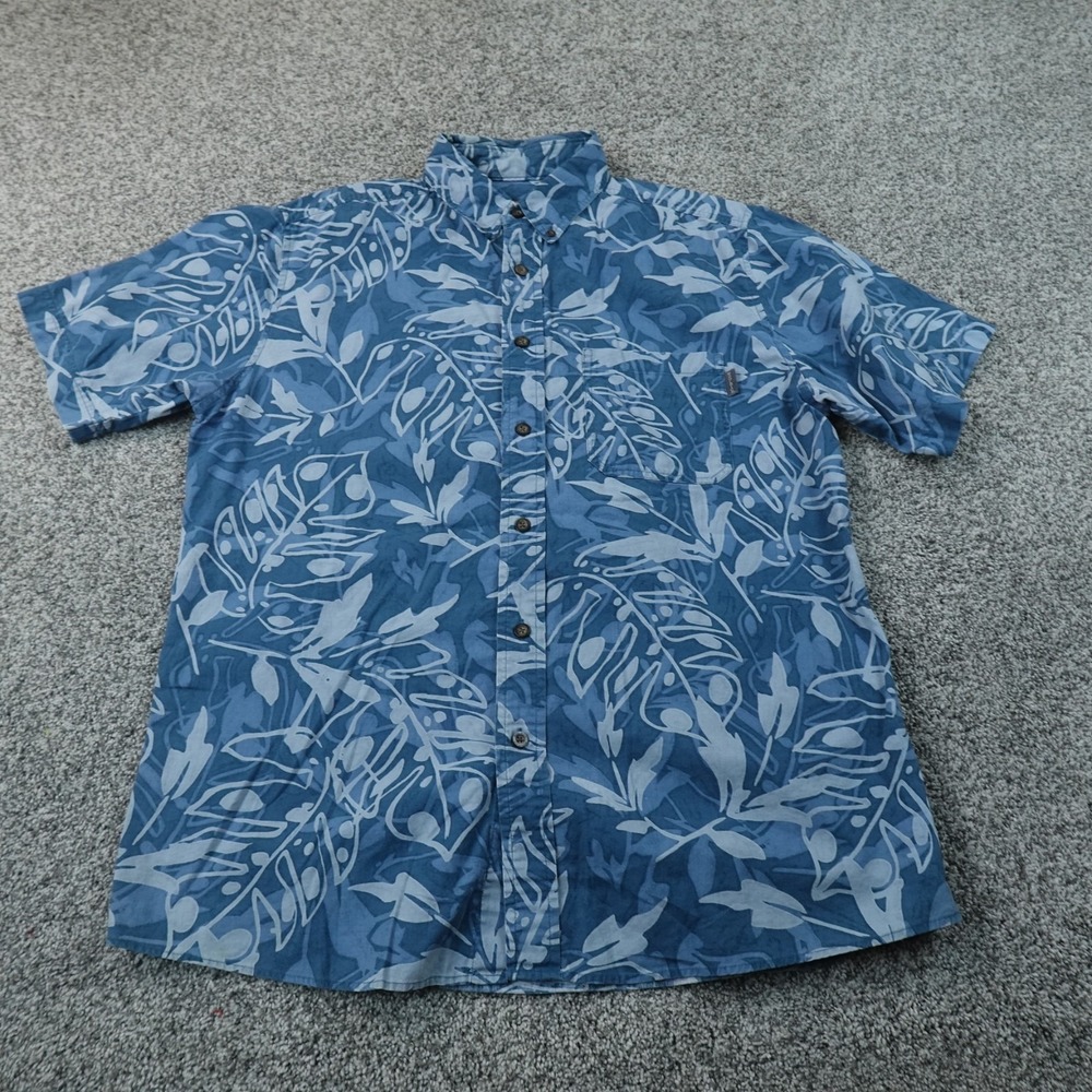 Woolrich Shirt Mens L Blue Tropical Leaf Print Hawaiian Button Up Short Sleeve